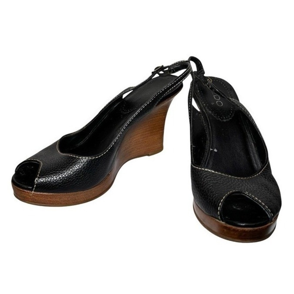 Aldo Womens Pebble Leather Wedge Slingback Sandals Size 7 Black Platform PeepToe